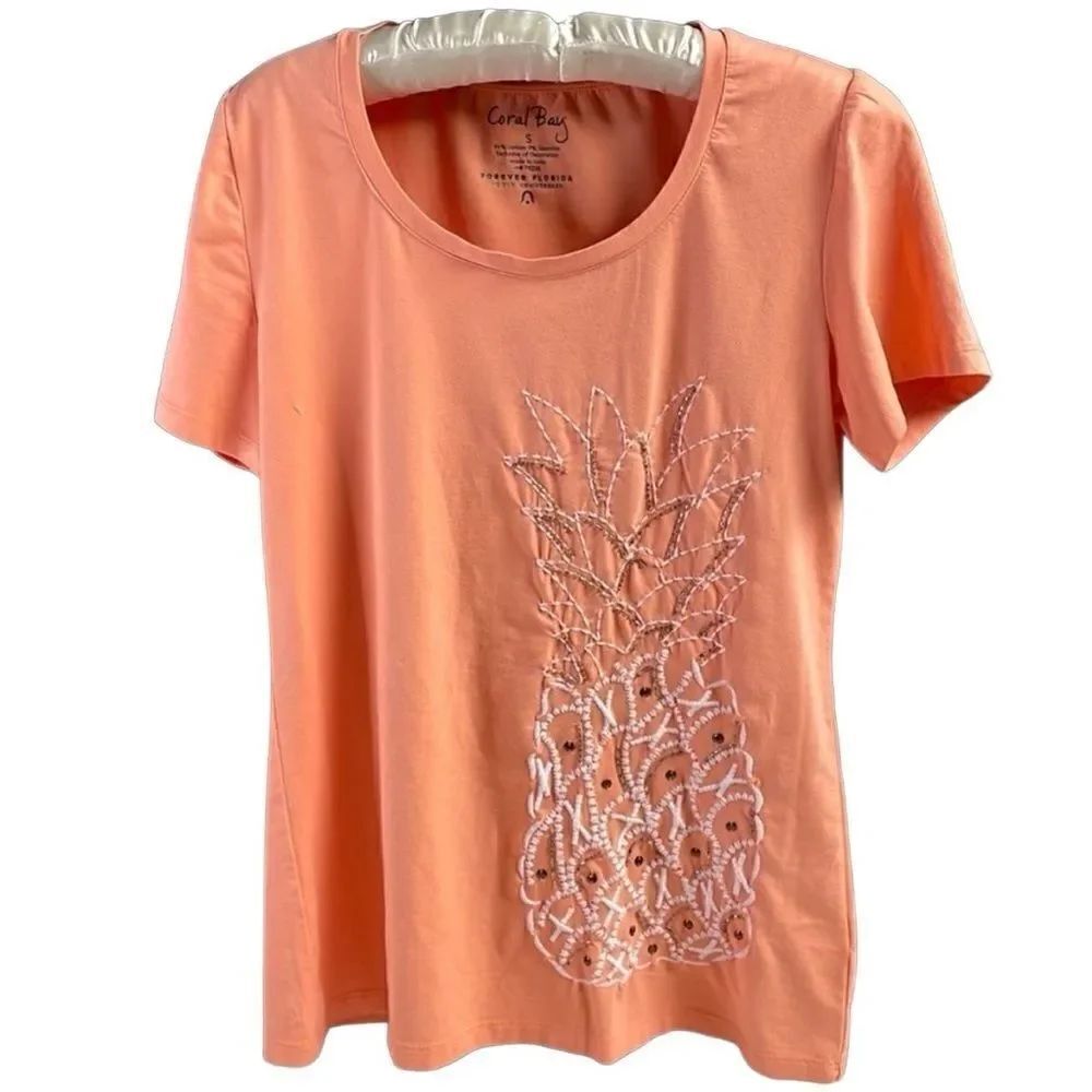 Coral Bay Ladies Scoop Neck Top, Size Small, Peach Color, Embellished Pineapple - Picture 2 of 7